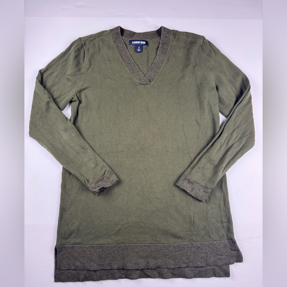 Lands' End Women's Olive V-Neck Sweater with cute sleeve details